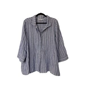Foxcroft NYC  Sz 14 Blue Linen Stripe Shirt Button Down Preppy Island Blouse Top
